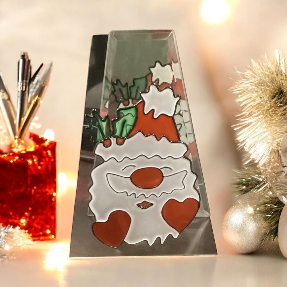 Vintage Christmas Stained Glass Look Santa Tea Light Candle Holder